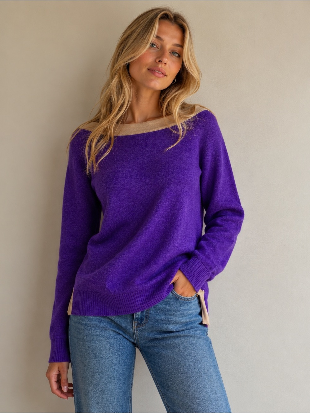 Lauren Ralph Lauren vintage Purple Off-Shoulder Sweater with Beige Trim
